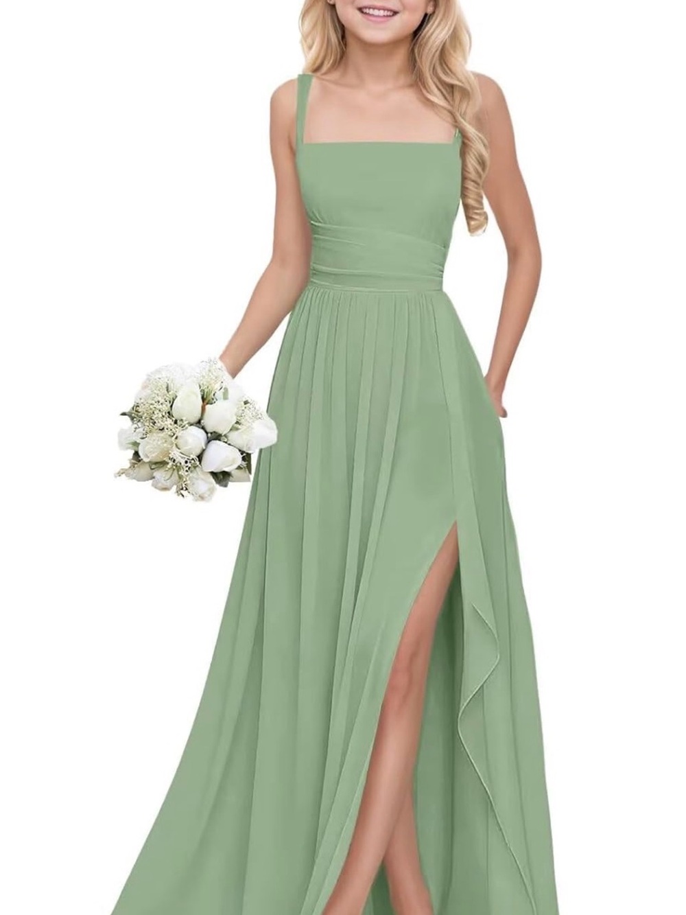 Square Neck Sage Green Junior Bridesmaid Dress